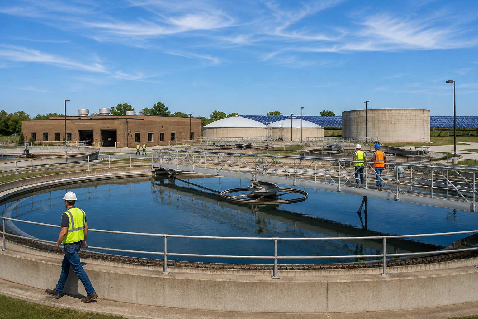 Operators in high-visibility vests walking a municipal water-treatment facility in daylight.
