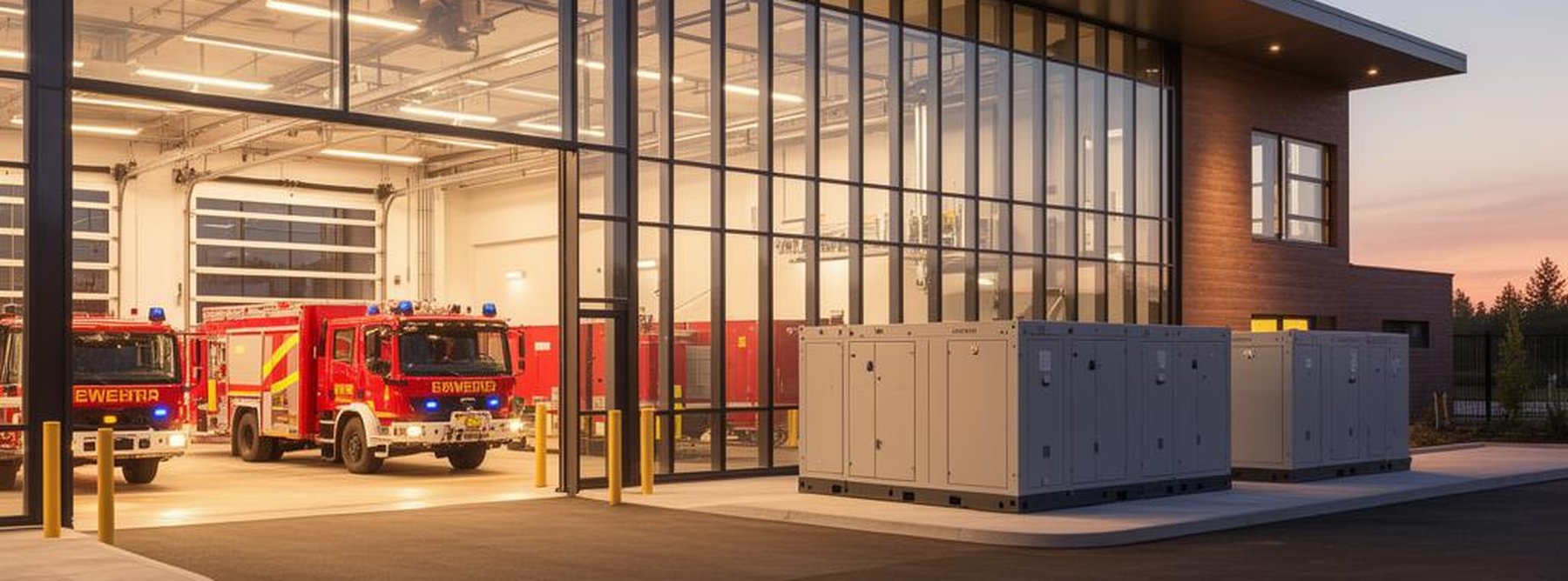 A municipal fire station at dusk with engines in the lit apparatus bay and a bank of battery storage cabinets installed alongside the building.