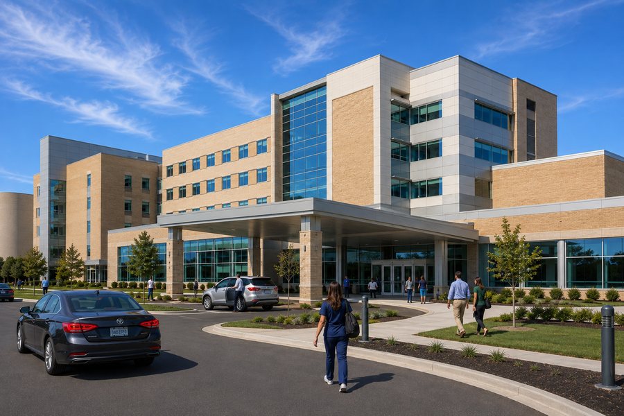 Staff and visitors arriving at a modern hospital entrance in daylight.