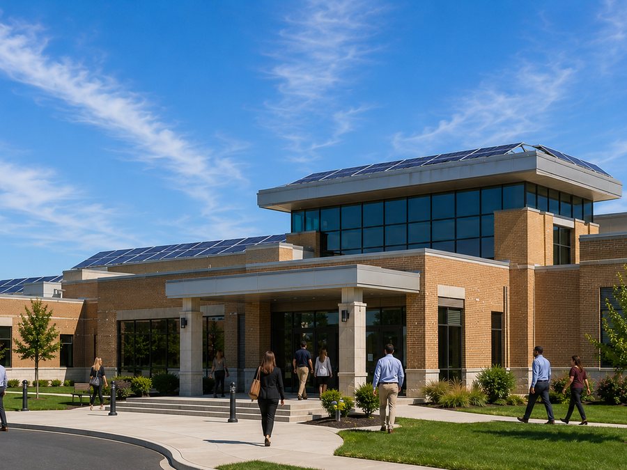 Staff and residents entering a municipal building with rooftop solar on a clear day.