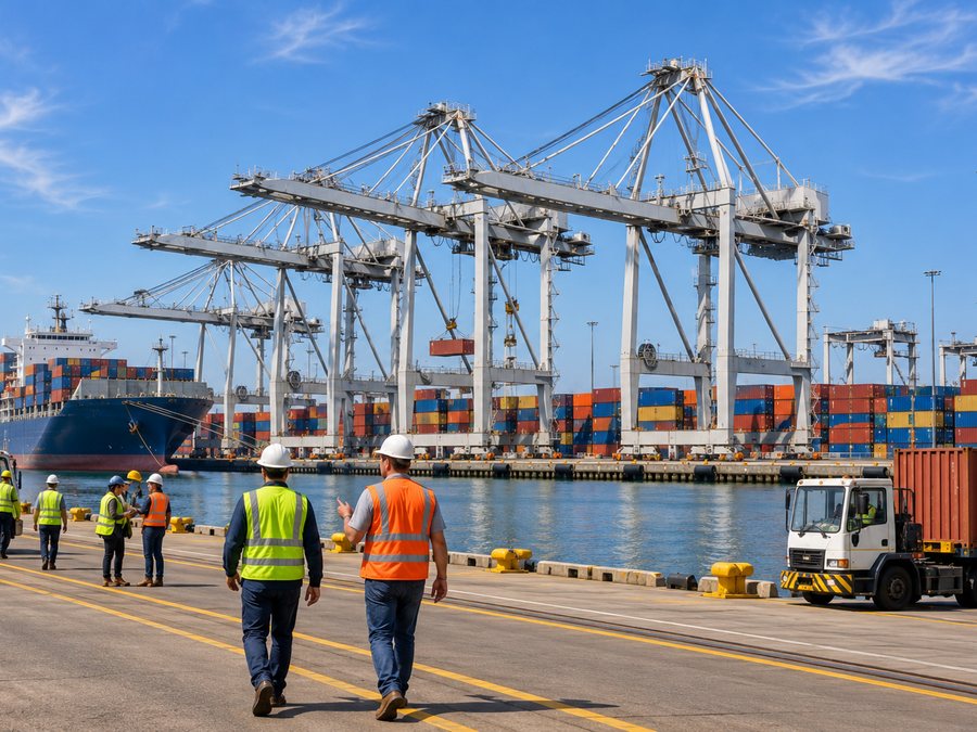 Port workers in hard hats and high-visibility vests walking a container terminal with gantry cranes behind them.