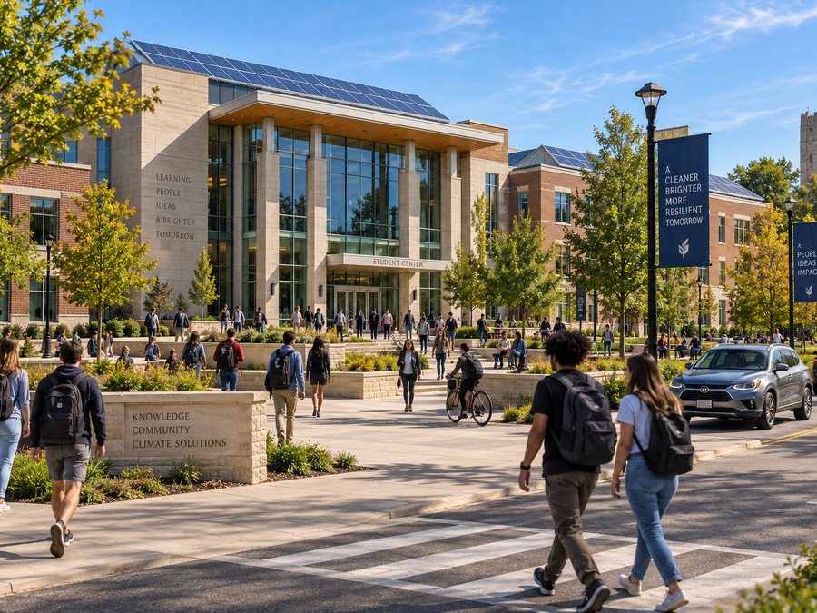 Students crossing a campus plaza in front of a university building with rooftop solar.